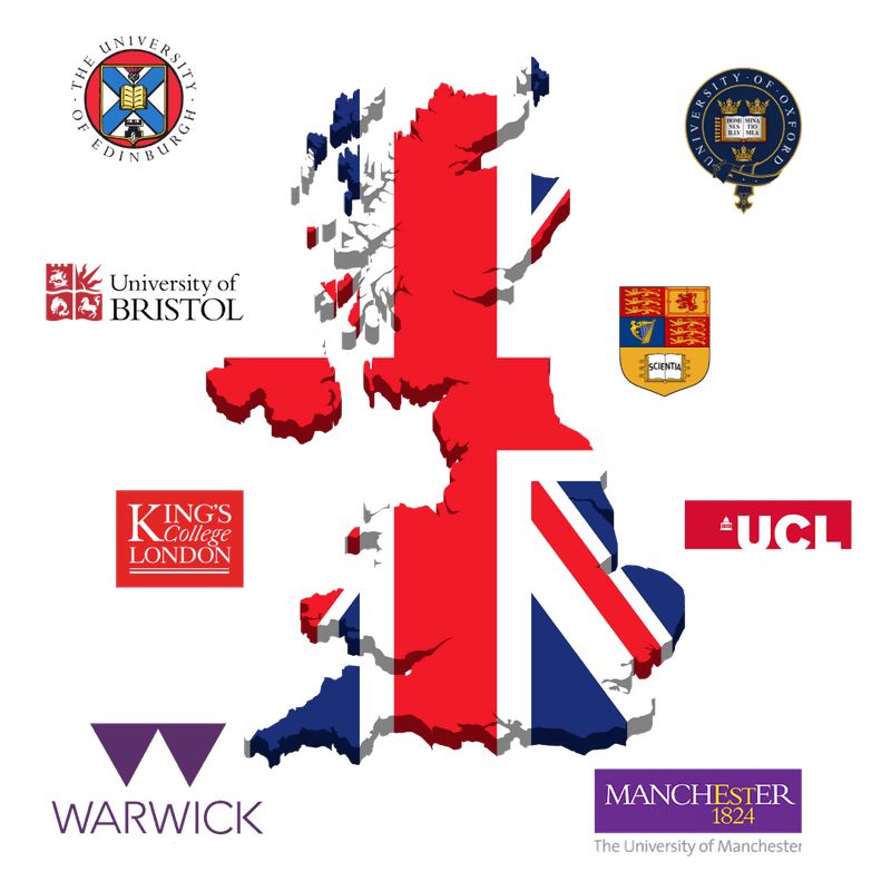 Map of UK with partner university logos