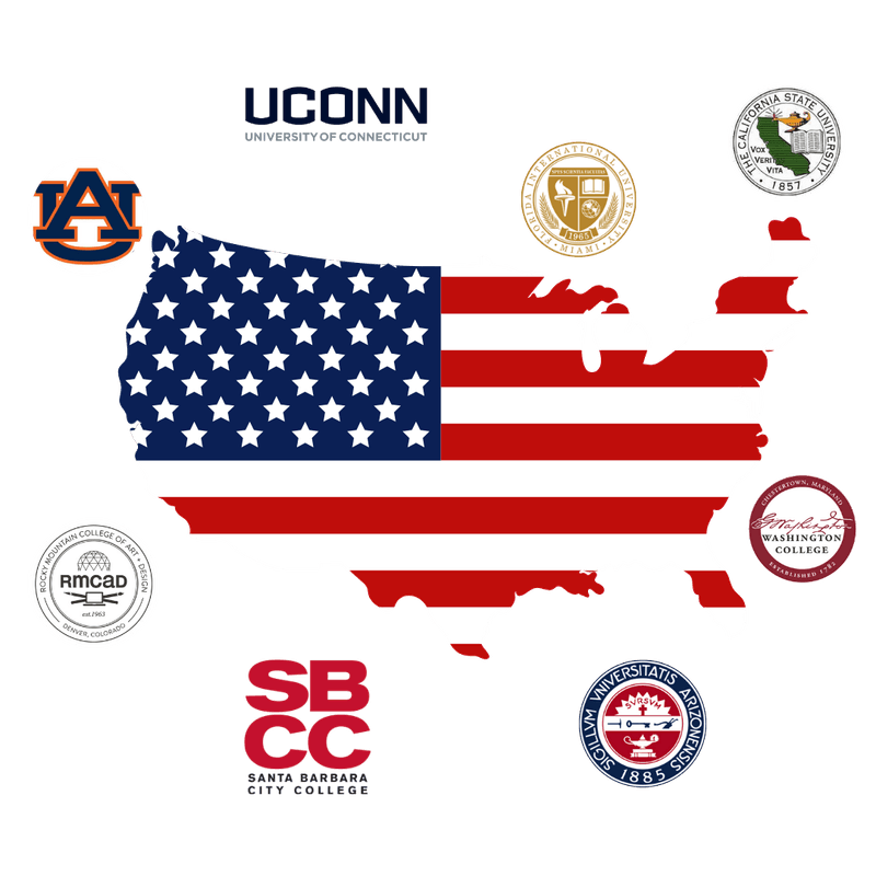 Map of USA with partner university logos